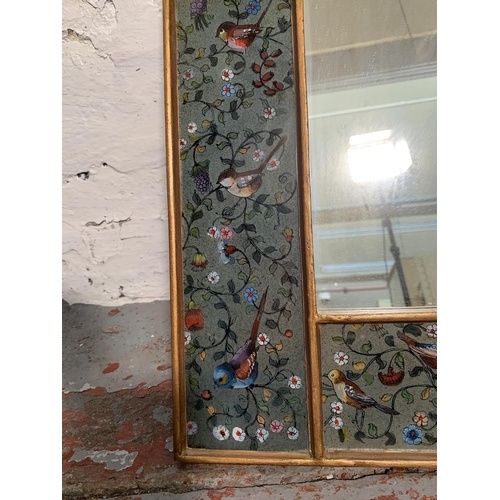 301 - A mid 20th century reverse painted glass arched mirror with bird design - approx. 50cm high x 40cm w... 