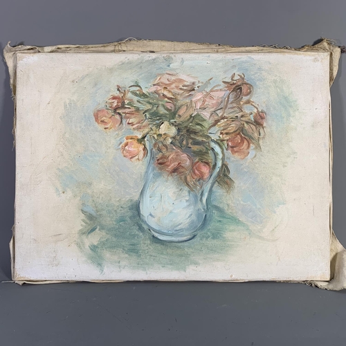 304 - A mid 20th century Stella Steyn (1907-1987) unframed oil on canvas of a floral still life scene bear... 