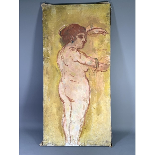 308 - A mid 20th century Stella Steyn (1907-1987) unframed oil on canvas of a nude lady bearing stamp to r... 