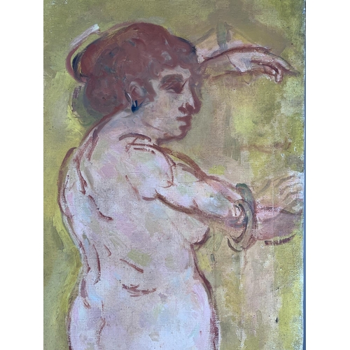 308 - A mid 20th century Stella Steyn (1907-1987) unframed oil on canvas of a nude lady bearing stamp to r... 