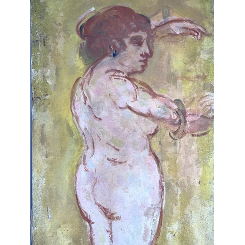 308 - A mid 20th century Stella Steyn (1907-1987) unframed oil on canvas of a nude lady bearing stamp to r... 