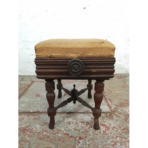 126 - A Victorian mahogany and upholstered height adjustable stool - approx. 49cm high x 53cm wide x 35cm ... 