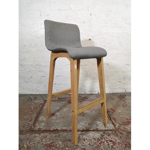 155 - Four grey upholstered and oak kitchen bar chairs