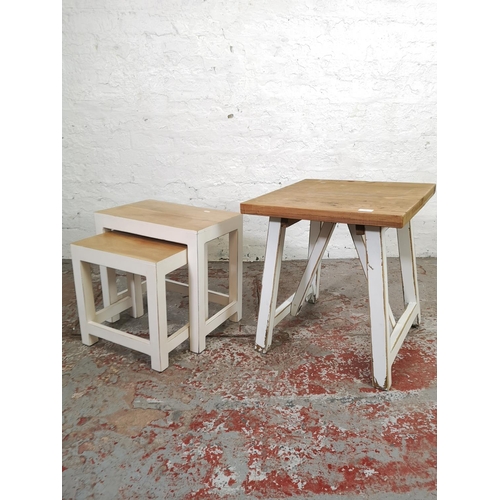 159 - Three contemporary white painted and hardwood occasional tables, one square side table - approx. 55c... 