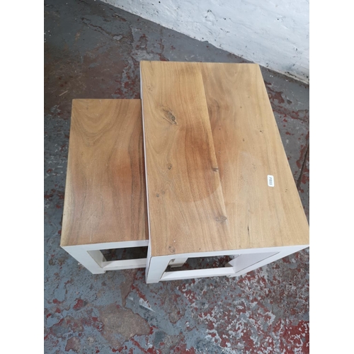 159 - Three contemporary white painted and hardwood occasional tables, one square side table - approx. 55c... 