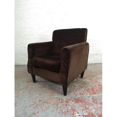 171 - A pair of modern brown velvet armchairs - approx. 80cm high x 70cm wide x 67cm deep