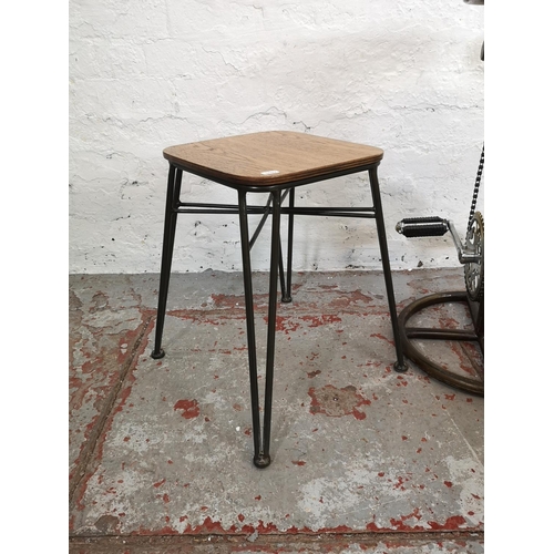 177 - Two items of furniture, one oak and wrought iron stool - approx. 45cm high x 30cm square and one cas... 