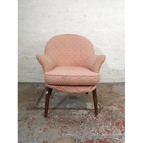 179 - A mid 20th century pink upholstered and beech armchair - approx. 82cm high x 64cm wide x 63cm deep