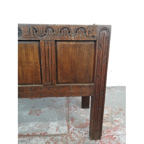 200 - A 19th century carved oak three panel coffer converted garden planter with galvanised metal interior... 