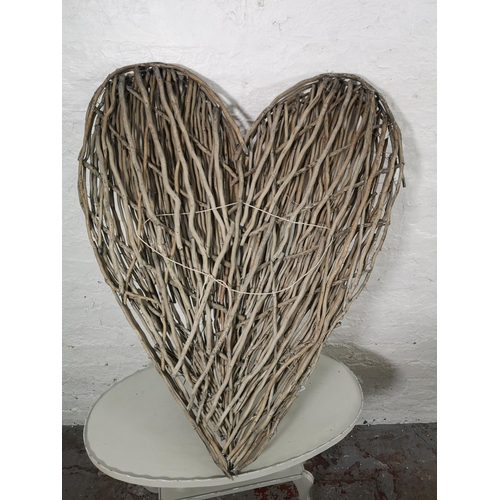 34 - Five pieces of modern furniture to include wicker heart shaped wall hanging, turquoise painted foldi... 