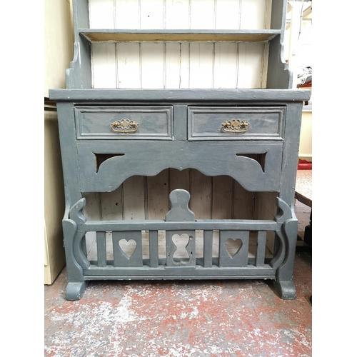 48 - A Victorian style grey painted pine dresser - approx. 204cm high x 95cm wide x 45cm deep