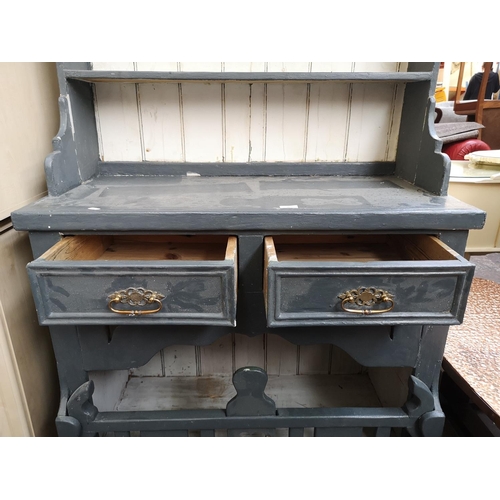 48 - A Victorian style grey painted pine dresser - approx. 204cm high x 95cm wide x 45cm deep