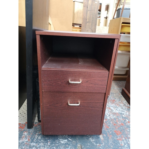 5 - Five pieces of furniture comprising mahogany effect computer desk and matching two drawer cabinet, t... 