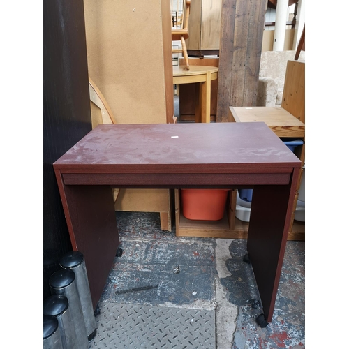 5 - Five pieces of furniture comprising mahogany effect computer desk and matching two drawer cabinet, t... 