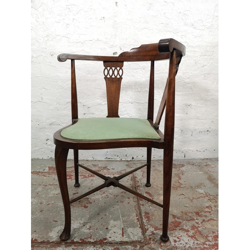 61 - An Edwardian inlaid mahogany corner chair - approx. 80cm high x 64cm wide x 58cm deep