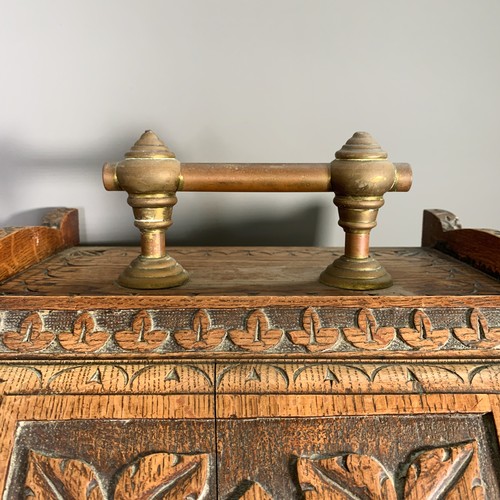 1421 - A late Victorian heavily carved oak coal scuttle with coal shovel - approx. 34cm high x 38cm wide x ... 