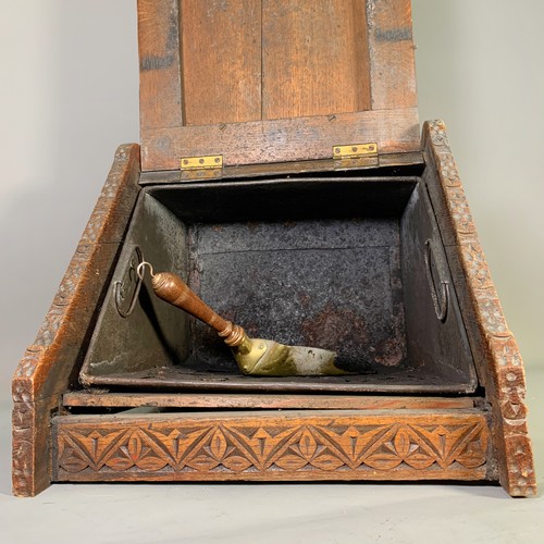 1421 - A late Victorian heavily carved oak coal scuttle with coal shovel - approx. 34cm high x 38cm wide x ... 