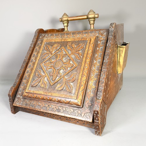 1421 - A late Victorian heavily carved oak coal scuttle with coal shovel - approx. 34cm high x 38cm wide x ... 