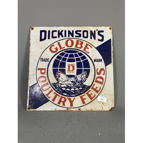 1407 - A Dickinson's Globe Poultry Feeds enamel sign - approx. 37cm square