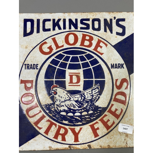 1407 - A Dickinson's Globe Poultry Feeds enamel sign - approx. 37cm square