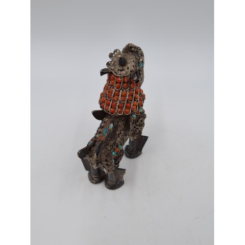 1027 - A 925 silver filigree turquoise and coral beaded foo dog lidded figurine - approx. 7.5cm high and gr... 