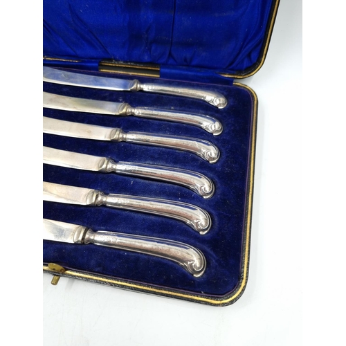 1043 - A cased set of six George V EPNS butter knives with hallmarked Sheffield silver handles, dated 1912