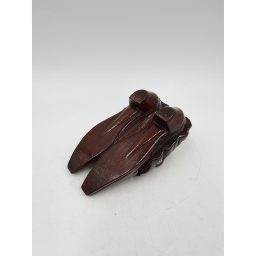 1066 - A late 19th century carved treen novelty shoes snuff box - approx. 4cm high x 6.5cm wide x 9.5cm dee... 