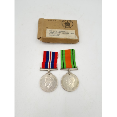 1072 - Two boxed WWII medal groups labelled Mrs A. E. Emmett and J. L. Emmett, 'Fern Bank' Crouch Lane, Bug... 