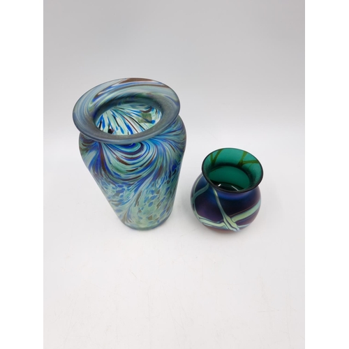 1118 - Two pieces of art glassware, one Okra England iridescent vase - approx. 7cm high and one further vas... 