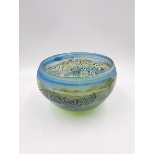 1119 - A mid/late 20th century studio glass bowl with green and blue tones, signed to base - approx. 10cm h... 