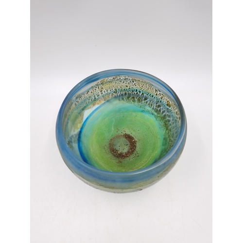 1119 - A mid/late 20th century studio glass bowl with green and blue tones, signed to base - approx. 10cm h... 