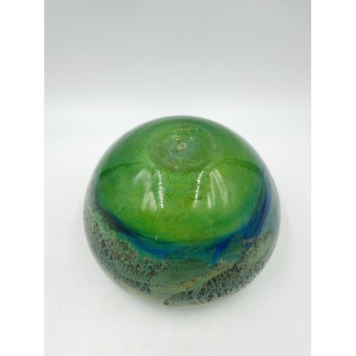 1119 - A mid/late 20th century studio glass bowl with green and blue tones, signed to base - approx. 10cm h... 