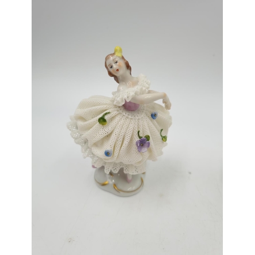 1139 - Three small Volkstedt porcelain lace figurines - largest approx. 10cm high