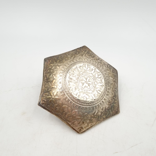 1008 - A white metal hexagonal lidded ashtray with cigarette holder and stamped 80 to interior - approx. 7c... 