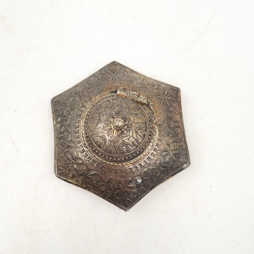 1008 - A white metal hexagonal lidded ashtray with cigarette holder and stamped 80 to interior - approx. 7c... 