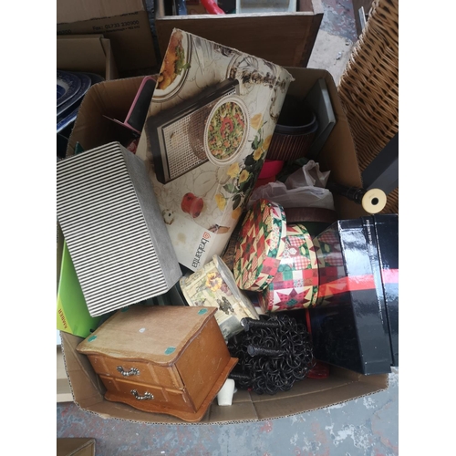 592 - Four boxes and one bag containing a large collection of assorted items to include studio pottery, fr... 