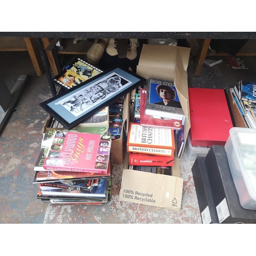 600 - Six boxes containing a large collection of assorted books to include automobilia, railway, film, Hol... 