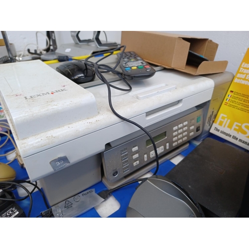 376 - A collection of computer equipment to include Lexmark X5470 printer, Samsung SE-208 portable DVD wri... 