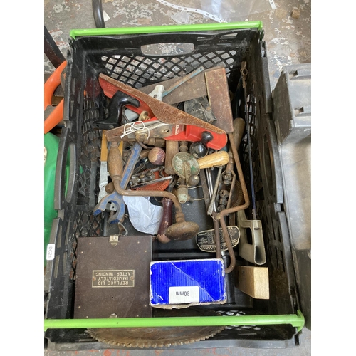 524 - A collection of assorted tools to include 210v sanders, hand saws, vintage tools, toolboxes etc.