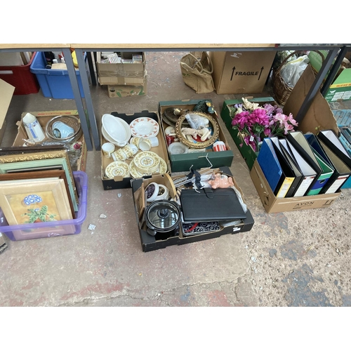 525 - Seven boxes containing assorted items to include picture frames and framed prints, glassware, Renais... 