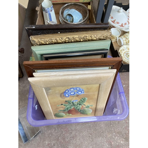 525 - Seven boxes containing assorted items to include picture frames and framed prints, glassware, Renais... 