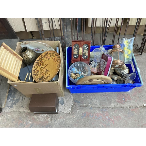 526 - Two boxes containing a collection of assorted items to include treenware, glassware, ceramics, Victo... 