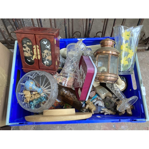 526 - Two boxes containing a collection of assorted items to include treenware, glassware, ceramics, Victo... 