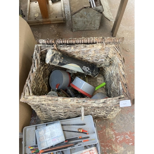 527 - Three boxes and one vintage wicker fishing basket containing a collection of assorted items to inclu... 