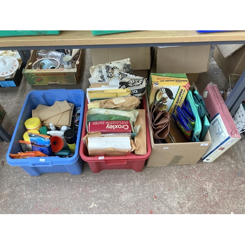 528 - Three boxes containing a collection of assorted items to include boxed tap and die set, vintage glaz... 