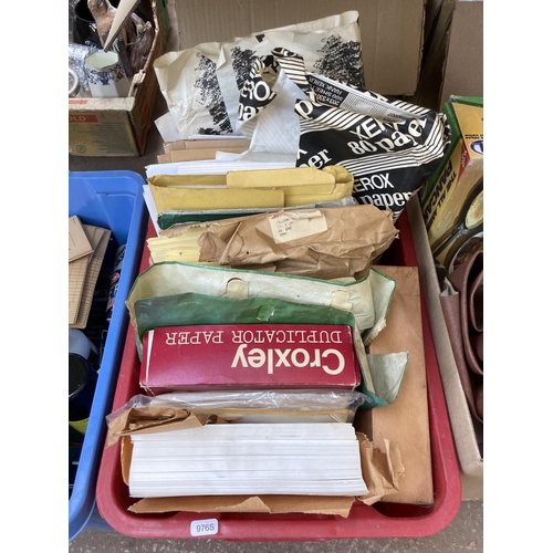 528 - Three boxes containing a collection of assorted items to include boxed tap and die set, vintage glaz... 