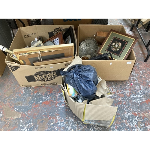 532 - Three boxes containing a collection of assorted items to include Imari style ceramic table lamp, vin... 