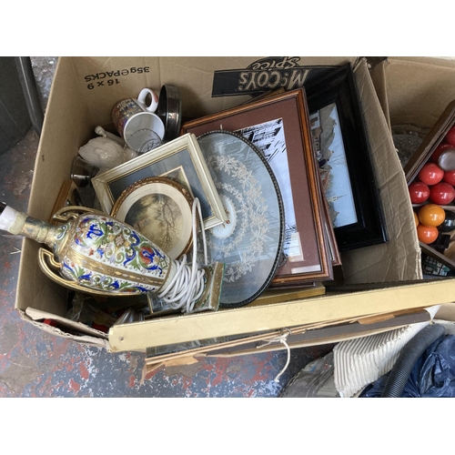 532 - Three boxes containing a collection of assorted items to include Imari style ceramic table lamp, vin... 