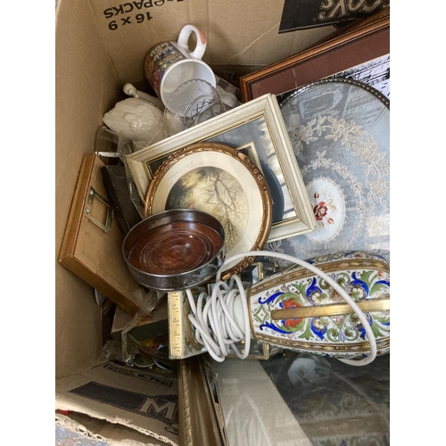 532 - Three boxes containing a collection of assorted items to include Imari style ceramic table lamp, vin... 