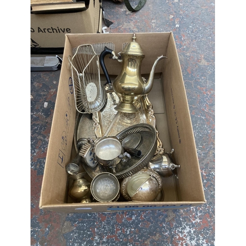 533 - A box containing assorted silver plated ware to include candlestick holders, serving trays, twin han... 